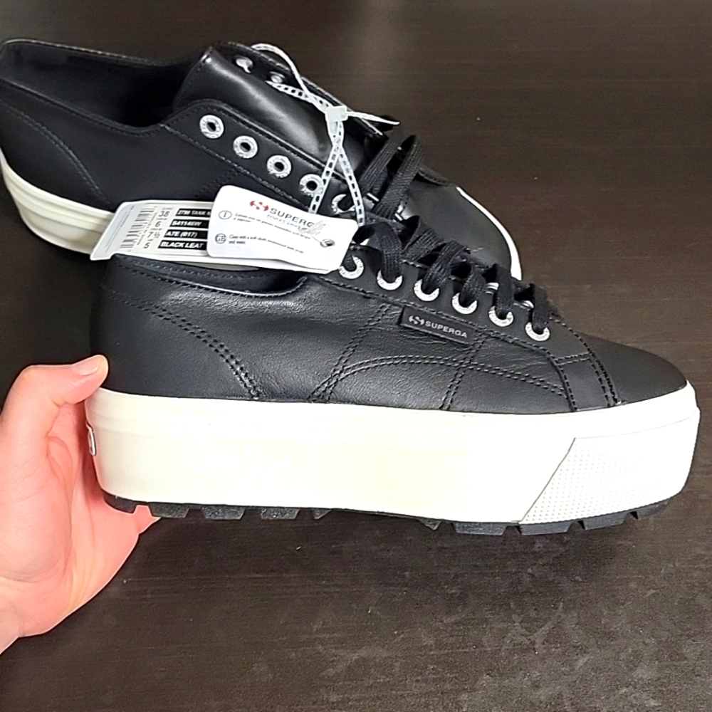 Superga 2790 Tank Nappa Black Leather Platform Sneakers Women's Size 7.5